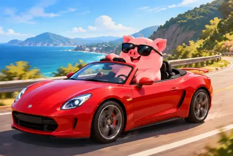 A piggy bank character beside a new car