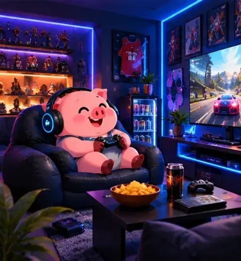 A piggy bank character at a gaming setup