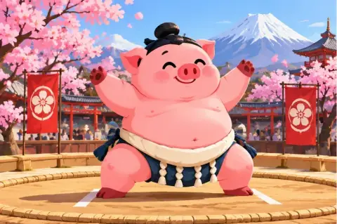 A piggy bank character planning a holiday in Japan