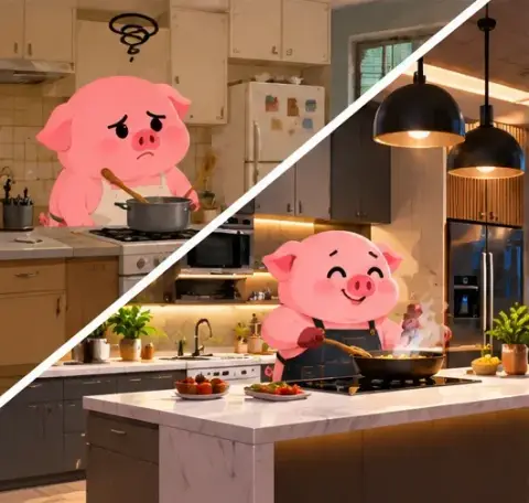 A piggy bank character in a bright new kitchen